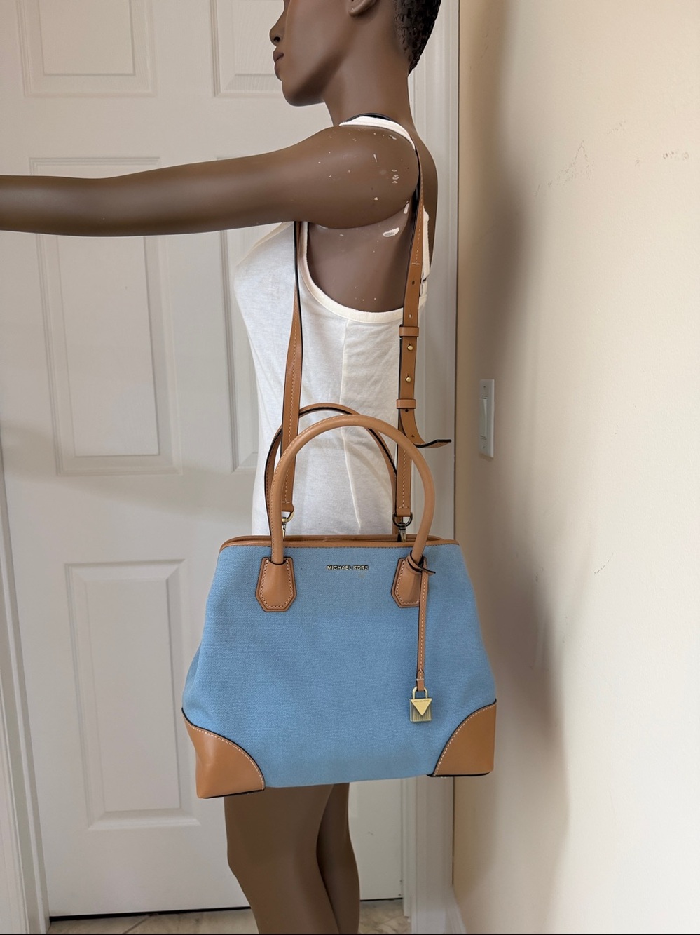 Michael Kors Blue Canvas and Tan Leather Satchel - Picture 8 of 9